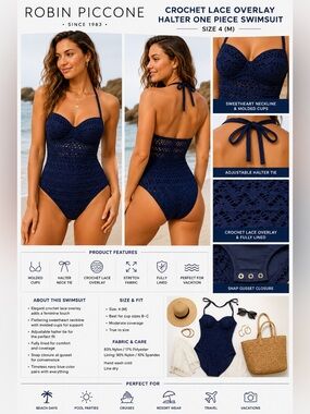Robin Piccone Navy Crochet Lace Overlay Halter One Piece Swimsuit Women's Size 4